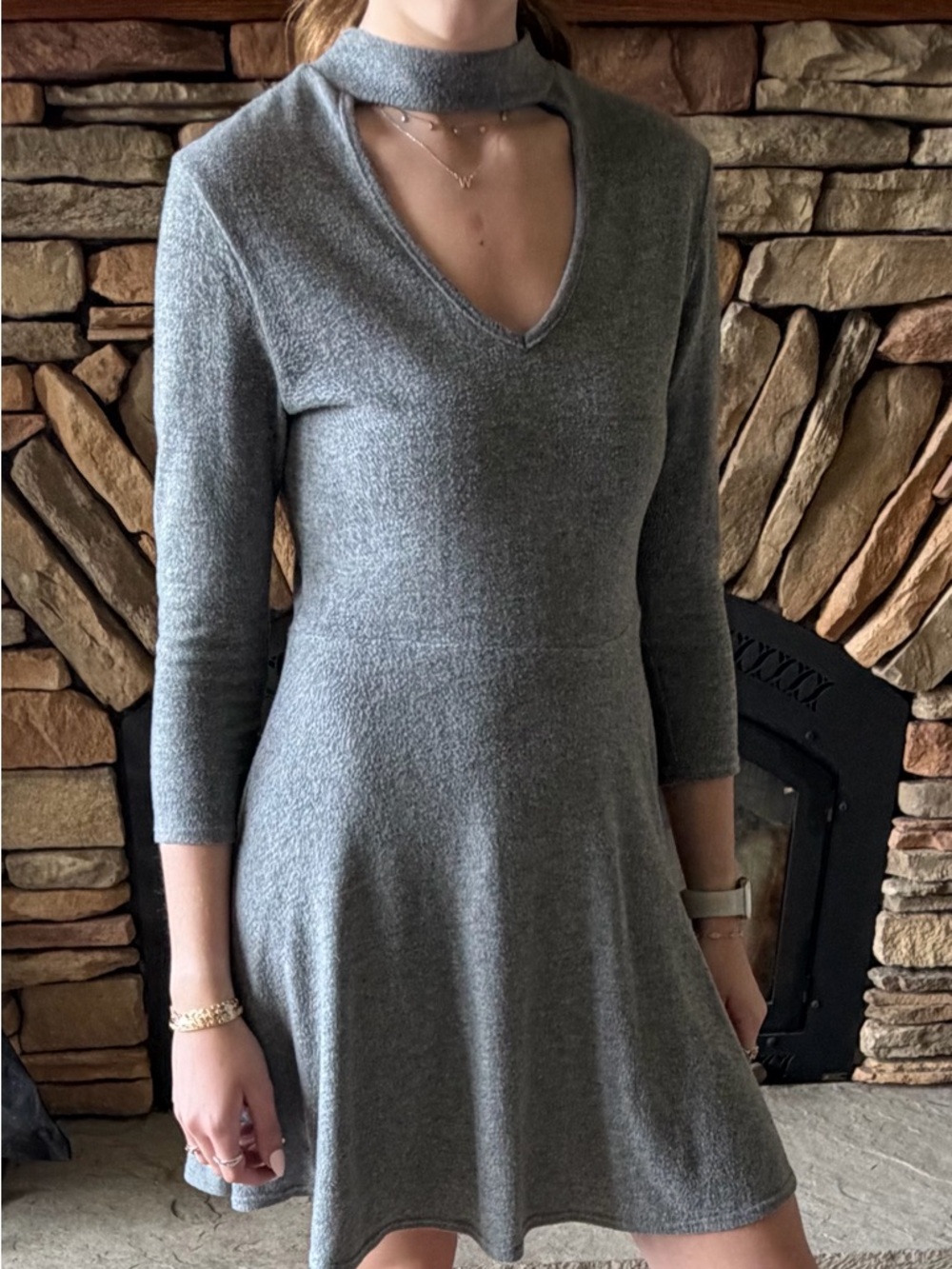 Gray fleece dress with chocker V neck detail